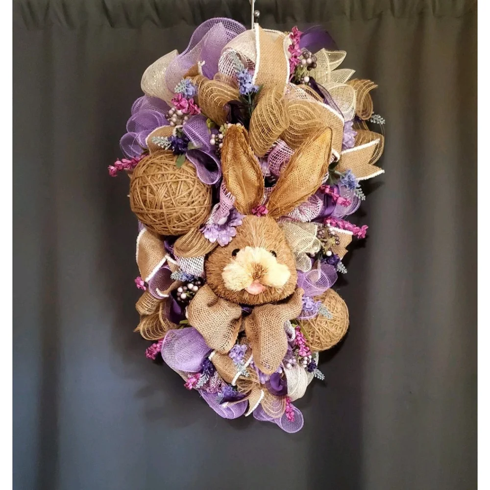 Easter Bunny Bow Ribbon Wicker Purple Handmade Wreath Decor 29